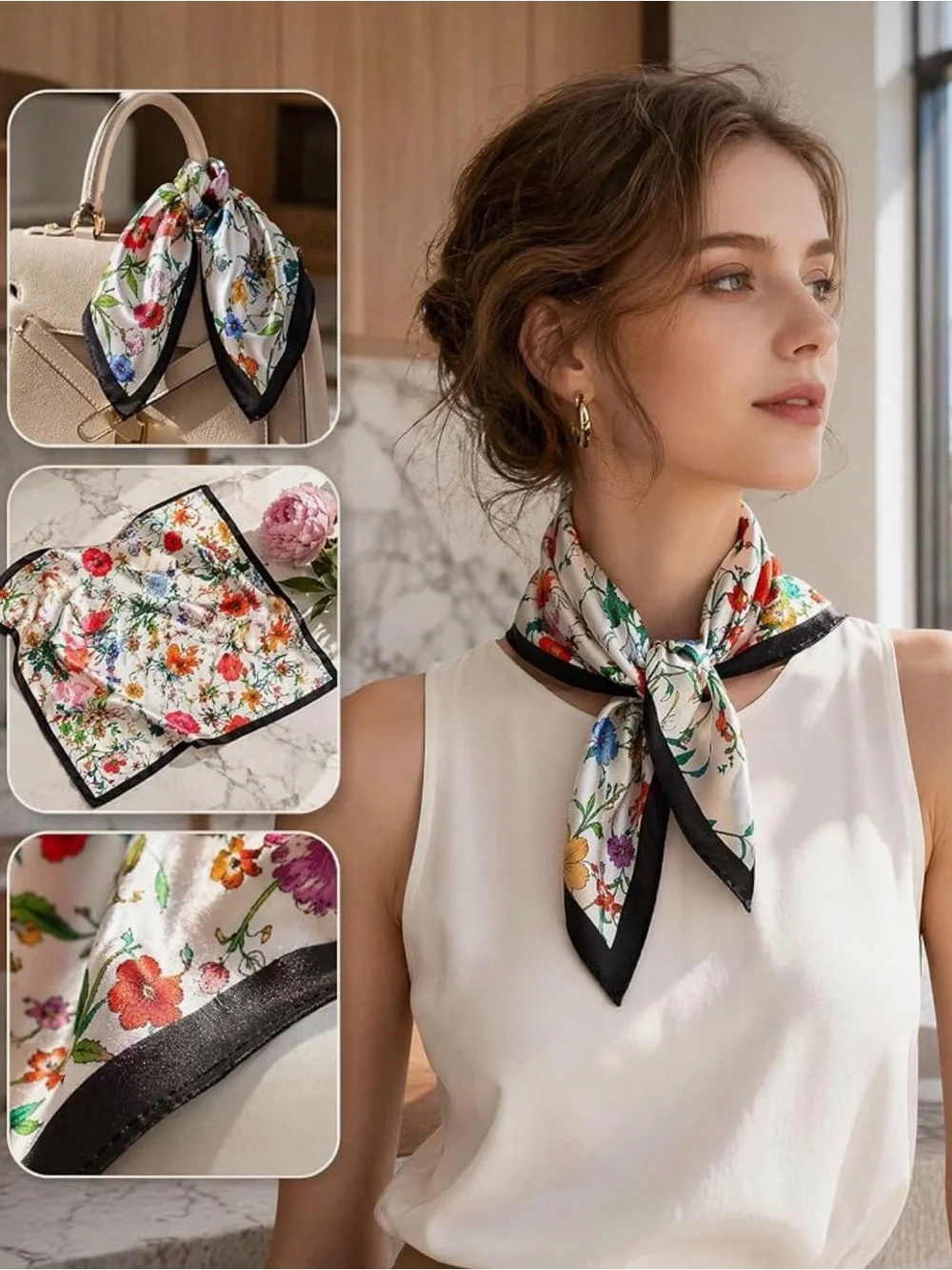 Floral Print Silk-Like Square Scarf in White with Multicolor Blooms